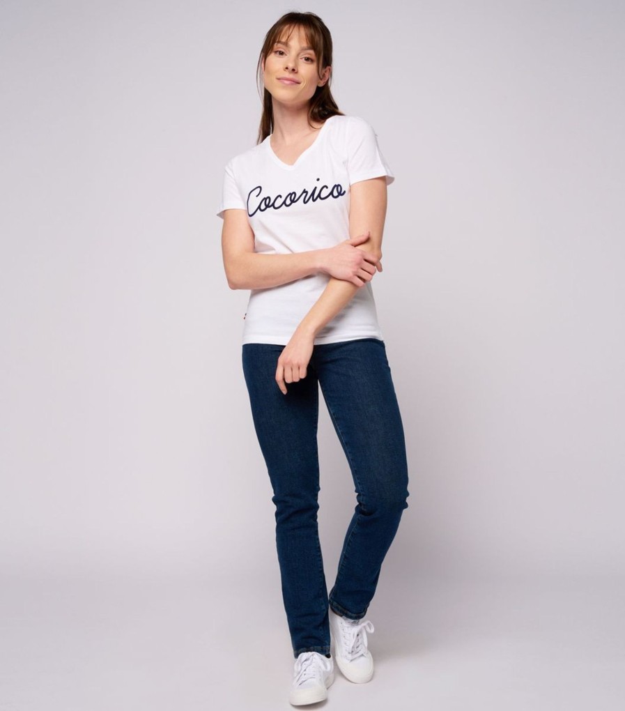 Femme Cocorico | T-Shirt Femme Col Vl'Original Bleu (Effet Velours)