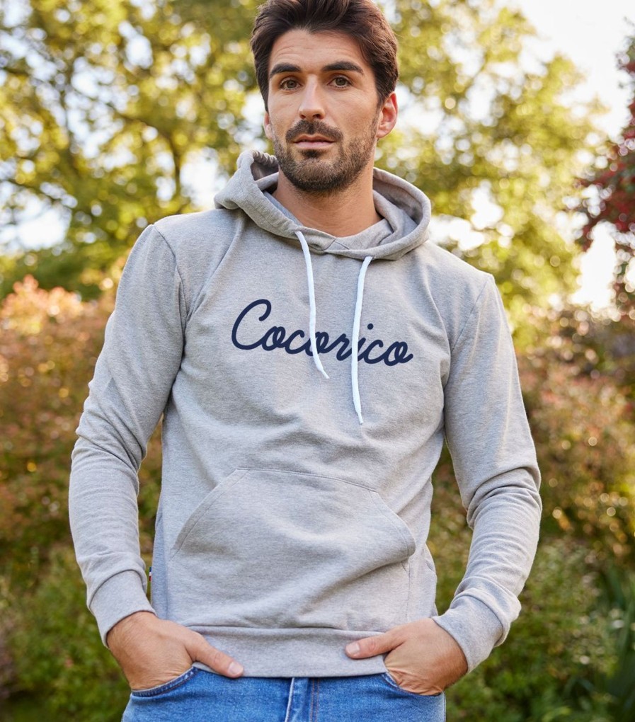 Homme Cocorico | Sweat A Capuche Unisexel'Original Bleu (Effet Velours) Gris