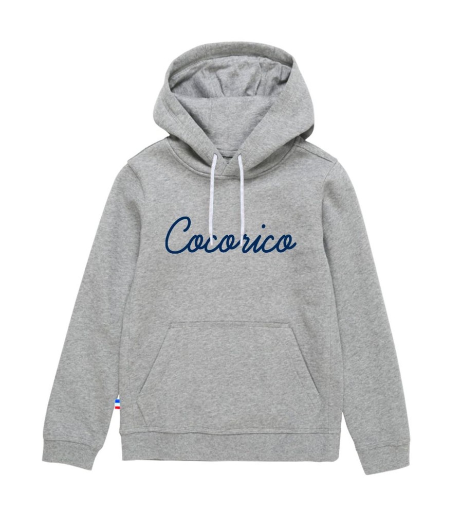 Homme Cocorico | Sweat A Capuche Unisexel'Original Bleu (Effet Velours) Gris